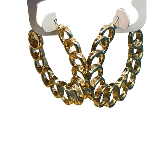 Charming ChGold Tone Hypoallergenic Hoop Earrings With Interlocking Circle Desig - Picture 2 of 7